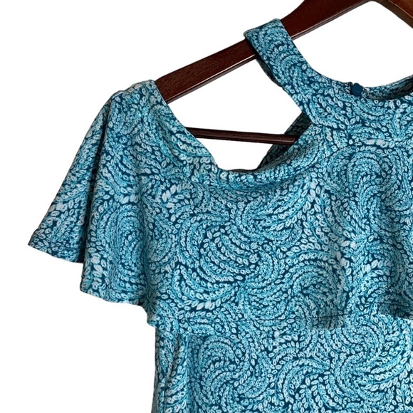 Michael Michael Kors Cold Shoulder Ruffled Halter Turquoise White Top XS - Picture 9 of 16